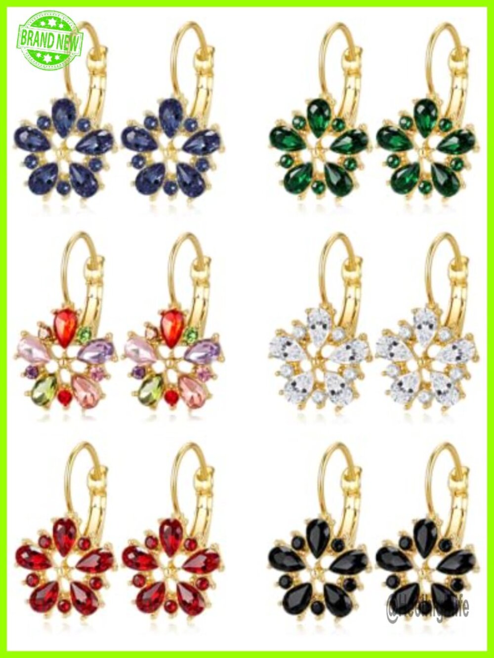 6 Pairs 14K Gold Plated Flower Birthstone Leverback Drop Dangle Earrings Set
